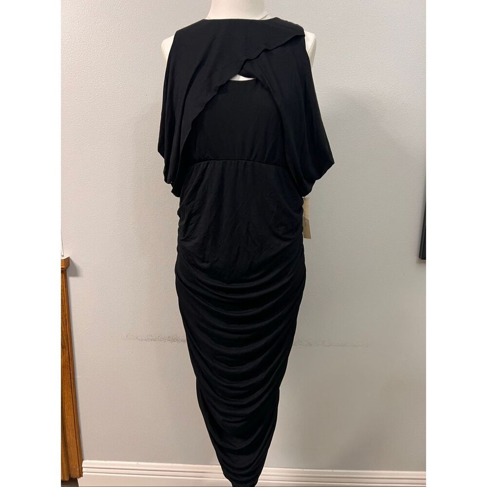 NWT Kiyonna Women's Ruched Bianca Cold Shoulder Bodycon Midi Dress Black 1X